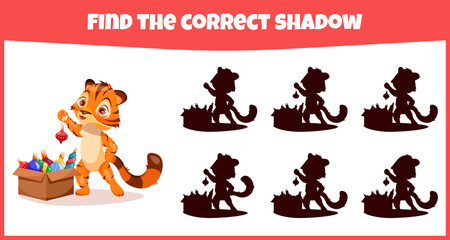 Find the correct shadow. Educational matching game for children with cute tiger.