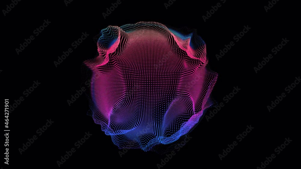 Poster looped distortion waves on abstract sphere of particles. digital data splash of spherical point arra