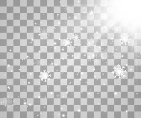 Vector illustration of flying snow on a transparent background.Natural phenomenon of snowfall or blizzard.	
