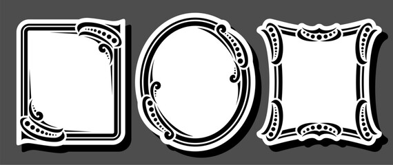 Vector set of decorative Frames, collection of 3 cut out vintage tags with black elegant illustrations and white copy space, three calligraphic frames for presentation with shadow on gray background.