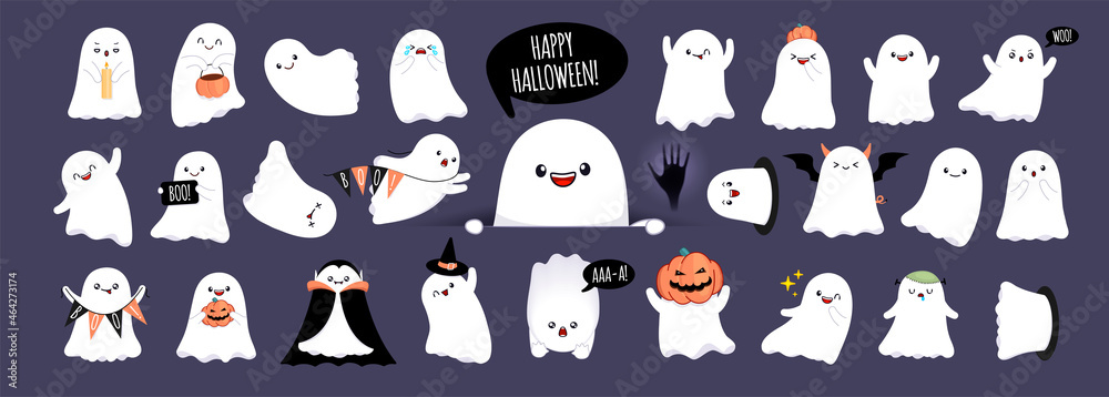 Wall mural big collection of cute happy ghosts with different emotions and face expressions. white scary spirit - Wall murals