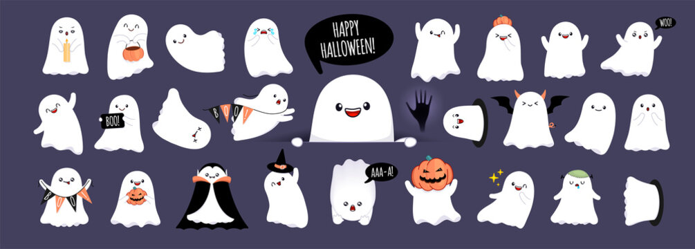 Big collection of cute happy ghosts with different emotions and face expressions. White scary spirits in cartoon style. Cute baby ghosts for Halloween party