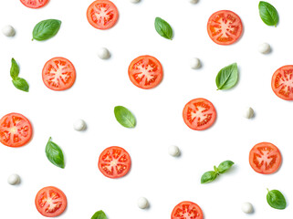 Pattern of fresh tomato slices, basil leaves and mozzarella cheese balls