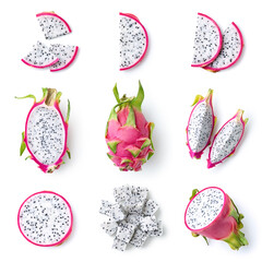 Set of fresh whole, half and sliced dragon fruit or pitahaya (pitaya)