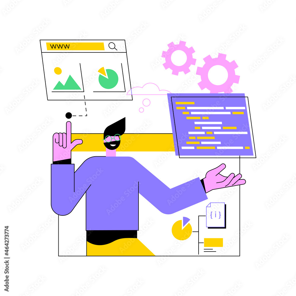 Poster website development abstract concept vector illustration. webpage programming, software deployment b
