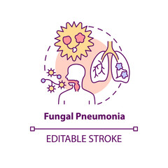 Fungal pneumonia concept icon. Pulmonary inflammation abstract idea thin line illustration. Infectious process. Inhaling fungi from environment. Vector isolated outline color drawing. Editable stroke