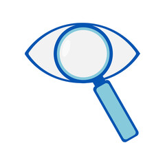 The contour of the eye and a blue magnifier on a white background. Internet search icon. Diagnostics of vision. 
