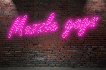 Neon BDSM Muzzle gag (in german Mundhaube) lettering on Brick Wall at night