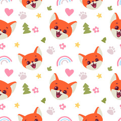 Vector illustration of muzzle of happy red fox character with rainbow and fir tree on white color background. Flat style design of seamless pattern with face of animal