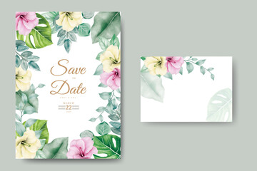 wedding invitation card with floral leaves watercolor
