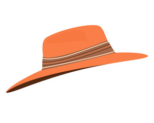 Women's hat with brim and ribbon isolated on white background. A headpiece for protection from the bright sun in a boho style. Flat vector hand drawn colorful illustration in boho style.