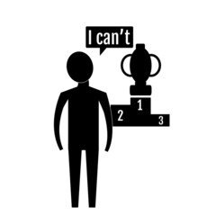 The icon silhouette of a man stands with his head bowed and hands down, in the background the winner's cup and the steps of victorious places. The concept of self-doubt, low self-esteem, complexes.