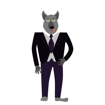 A werewolf in a classic business suit in the shape of a wolf. Jacket black pants purple. Halloween illustration in cartoon childish style for your holiday design.