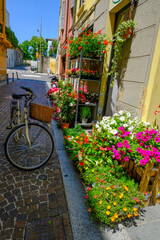Fototapeta na wymiar bicycle with basket in the street near the flowers shop. European streets. Parma, Italy, Travel, vertical, 
