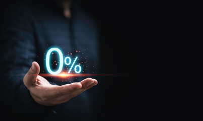 Businessman holding zero percentage on hand with copy space for sale discount promotion for Black...