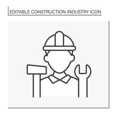  Worker line icon. Builder with hammer and screwdriver instruments.Construction industry concept. Isolated vector illustration. Editable stroke