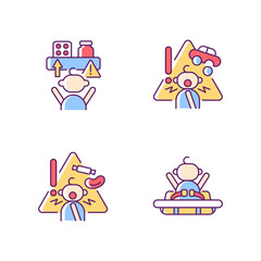 Fototapeta premium Poisoning and suffocation prevention RGB color icons set. Choking hazard food and toys. Child safety at home. Accident precaution. Isolated vector illustrations. Simple filled line drawings collection