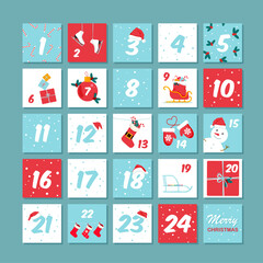 Vector Christmas advent calendar. Winter holidays poster with dates. Cute decoration xmas day celebration.	