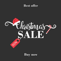 Christmas sale banner with handwritten lettering isolated on black background. Calligraphy banner. Xmas text decorated with Santa Claus hat. 50% dicount. Shopping online concept.	