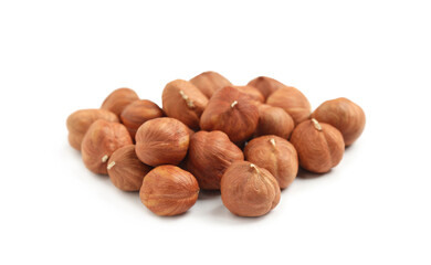 Heap of tasty hazelnuts on white background
