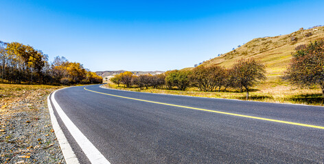 Empty asphalt road and autumn forest landscape.Road and trees background.