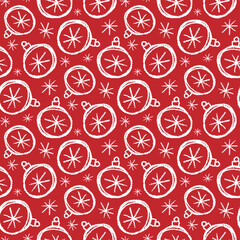 White contour linear pencil sketch Christmas balls isolated on a red background. Cute monochrome festive seamless pattern. Vector simple flat graphic hand drawn illustration. Texture.
