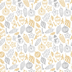 Hand drawn Christmas seamless pattern. Fur tree with balls, toys and fir-cone, for xmas design in gold and silver. Vector surface design on white background.