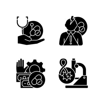 Drug-potency Studies Black Glyph Icons Set On White Space. Improving Treatment. Side Effects Risk. Feasibility Process. Cancer Clinical Trials. Silhouette Symbols. Vector Isolated Illustration