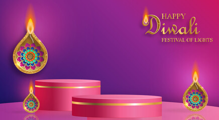 Naklejka premium Podium round stage style, for Diwali, Deepavali or Dipavali, the indian festival of lights with Diya lamp, fire lighting and orientl objects on color background