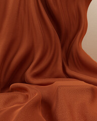 Still life fabric elements podium for product display, object placement abstract fashion minimal background 3d rendering with brown textile backdrop