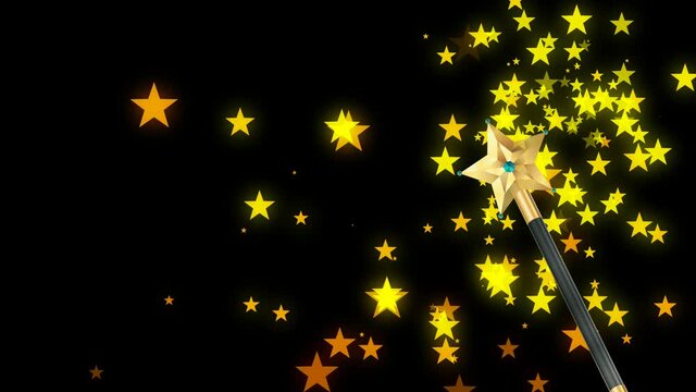 Magic wand with glowing effect, star and glitter sparkles. Isolated element for game or cartoon on black background. Animation illustration