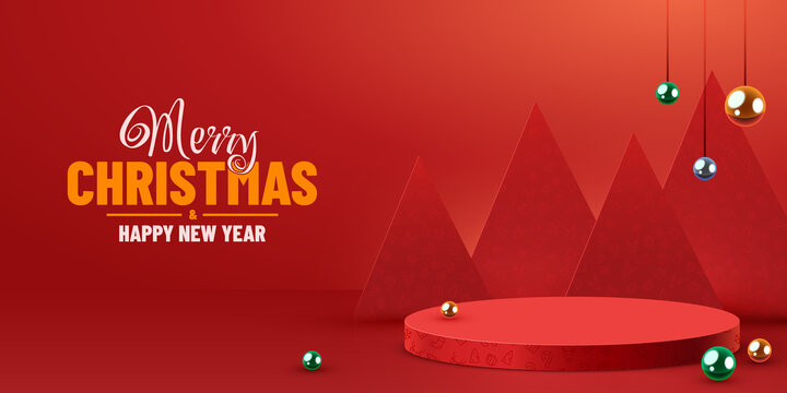 Mock up scene. Podium for cosmetic and product display. Stage pedestal or platform. Winter Christmas red background with xmas tree.