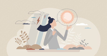 Positive thinking skill and happy mindset or brain attitude tiny person concept. Joyful emotions about surroundings despite negative factors vector illustration. Mental wellness power and inner peace.