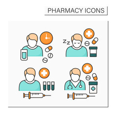 Pharmacy color icons set. Antibiotic management,dosage, drug therapy, side effects. Healthcare concept. Isolated vector illustrations