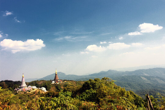 View of the king and queen temples from top of Kew Mae Pan mountain at Doi Inthanon National Park, Chiang Mai