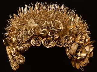 Golden Rose Flower Crown over Black Background. Creative Floral Gold Wreath with Thorns. Art...