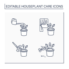Houseplants care line icons set. Remove dying leaves, lighting houseplant, watering houseplant, dust from plants. Gardening concept.Isolated vector illustrations.Editable stroke