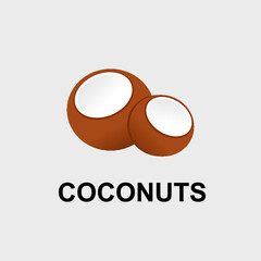 Vector icon of a two halves of coconut fruit, cracked open with coconut written underneath. Use for your Keto diagrams, healthy eating infographics.