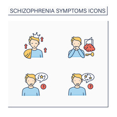 Schizophrenia symptoms color icons set. Clang, perseveration, control delusions, grandeur.Healthcare concept. Isolated vector illustrations