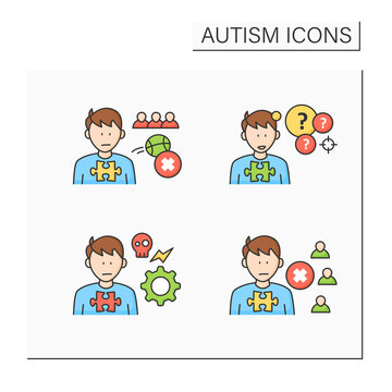 Autism spectrum disorder color icons set.Not engaging in play with peers,self-abusive behaviors, social withdrawal. Atypical behavior.Neurodevelopmental disorder concept. Isolated vector illustrations