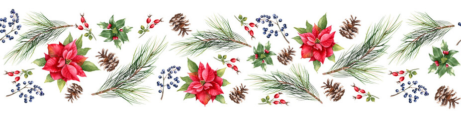 Christmas seamless border. Watercolor banner. Poinsettia, fir branches, cones, ilex, holly berry. Holiday illustration. Ornament for greeting card