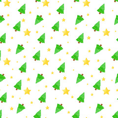This is a seamless pattern with a Christmas tree and stars on a white background.