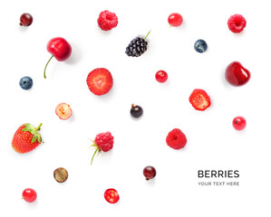 Creative layout made of cherry, strawberry, raspberry, blueberry, red currant on the white background. Flat lay. Food concept.