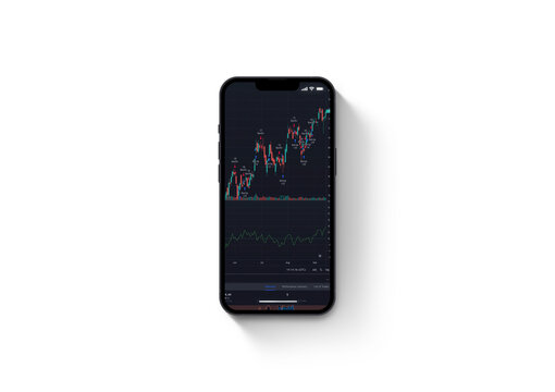 Financial stock market graph on the smartphone screen on white background. Stock Exchange