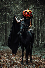 a beautiful girl in a Halloween costume. a gloomy image for cosplay. a rider in a black cloak...