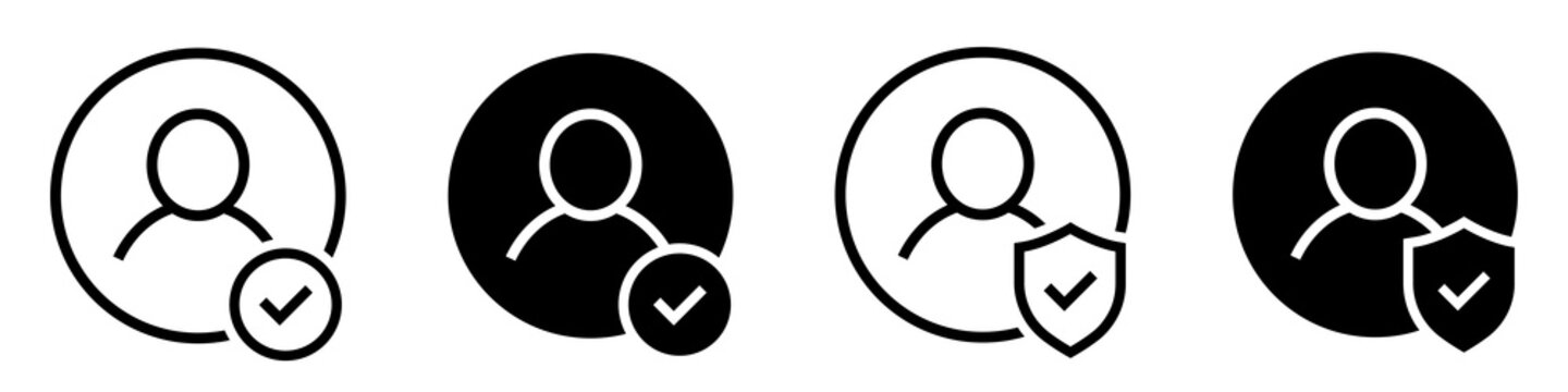 Set of user accept icons. Profile with checkmark icon. Avatar check symbol. Account sign. Shield with person silhouette in circle. Authentication security. Privacy vector.