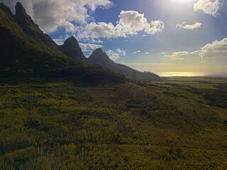 Aerial view of  'Trois Mamelles' mountain during late afternoon in Mauritius