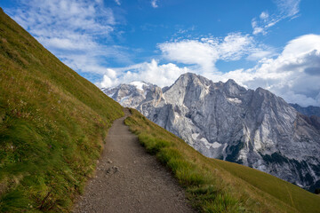Fototapeta na wymiar View of Marmolada from the Viel del Pan trail. Dolomites.