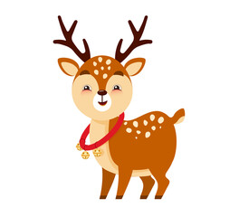 Santa's cute reindeer helper with Christmas bells around his neck and red harness. Vector illustration in cartoon style isolated on white background