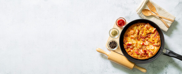 pizza,Whole Vegan Homemade pizza. Whole Grain Pizza with baked Vegetables and Mushrooms. grey stone background copy space